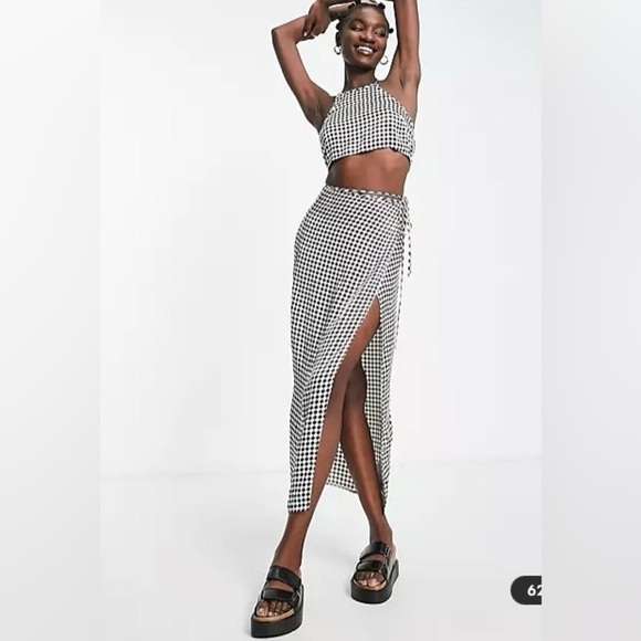 TOPSHOP Brown and white checkered wrap maxi‎ skirt size 6 - Picture 1 of 15